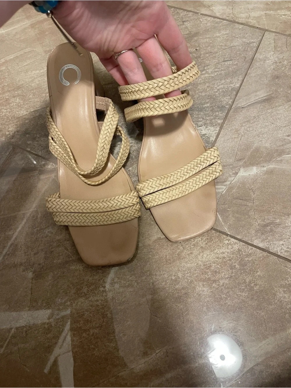 Braided Strap Beige Block Heel Sandals - Women's